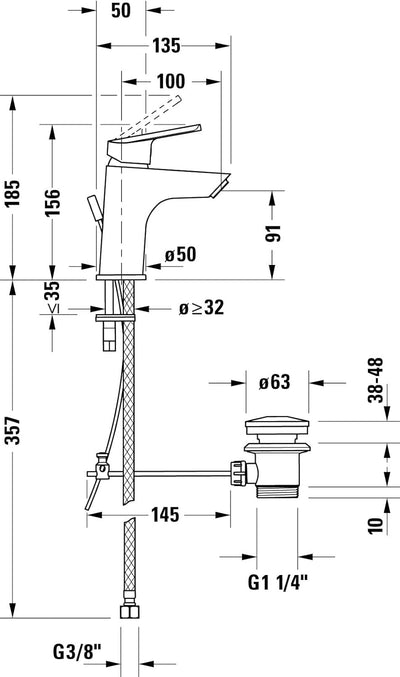 Duravit No.1 Waschtischarmatur, Grösse S (Auslauf Höhe 91 mm), Wasserhahn Bad mit Zugstangen-Ablaufg