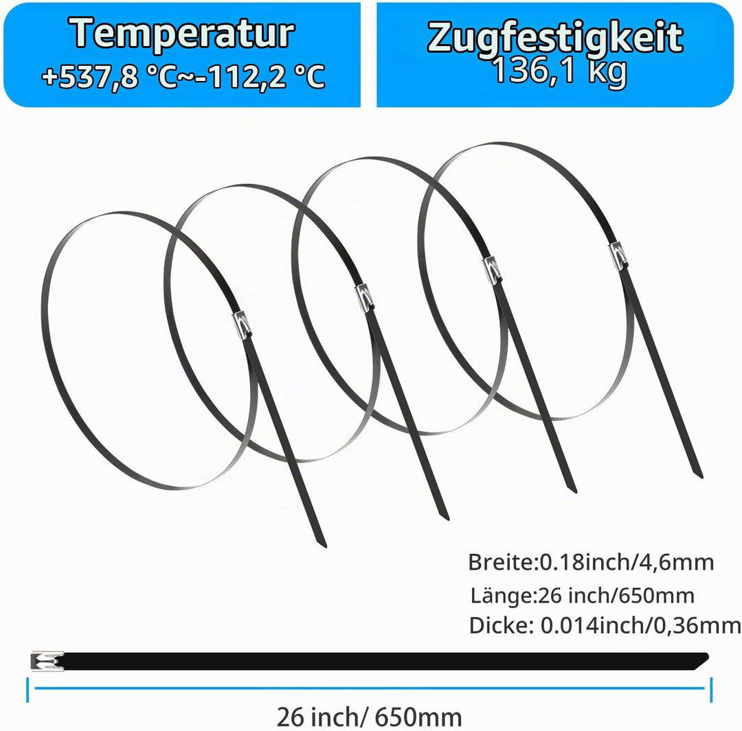 XINGO 66 cm Schwarze Metall-Kabelbinder, strapazierfähige 100er-Packung, 304 Edelstahl-Kabelbinder,