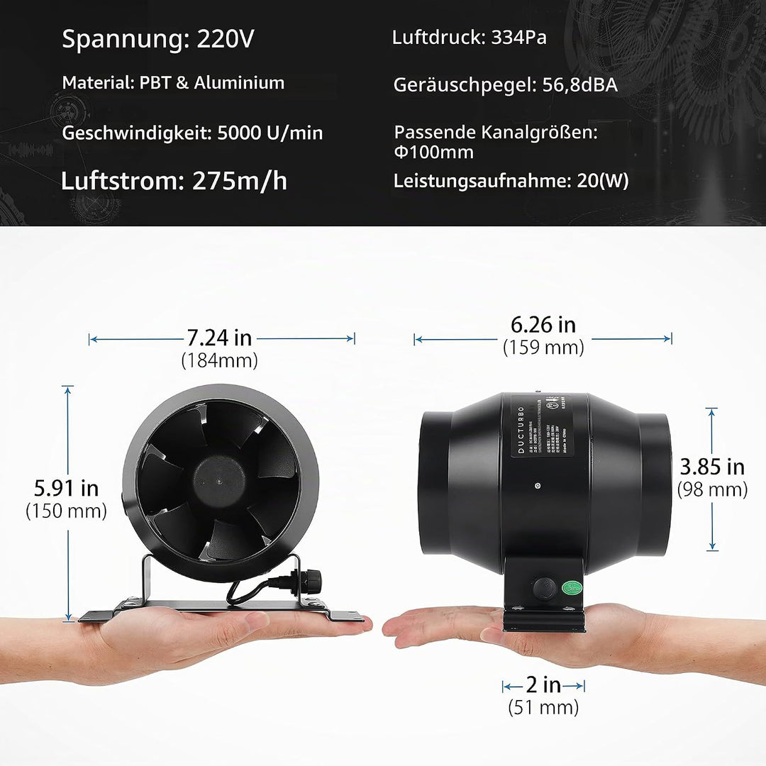 DUCTURBO Rohrventilator 100mm Regelbar, 275m³/h Inline-Kanalventilator Abluftventilator Ideal Rohrlü