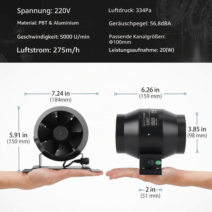 DUCTURBO Rohrventilator 100mm Regelbar, 275m³/h Inline-Kanalventilator Abluftventilator Ideal Rohrlü