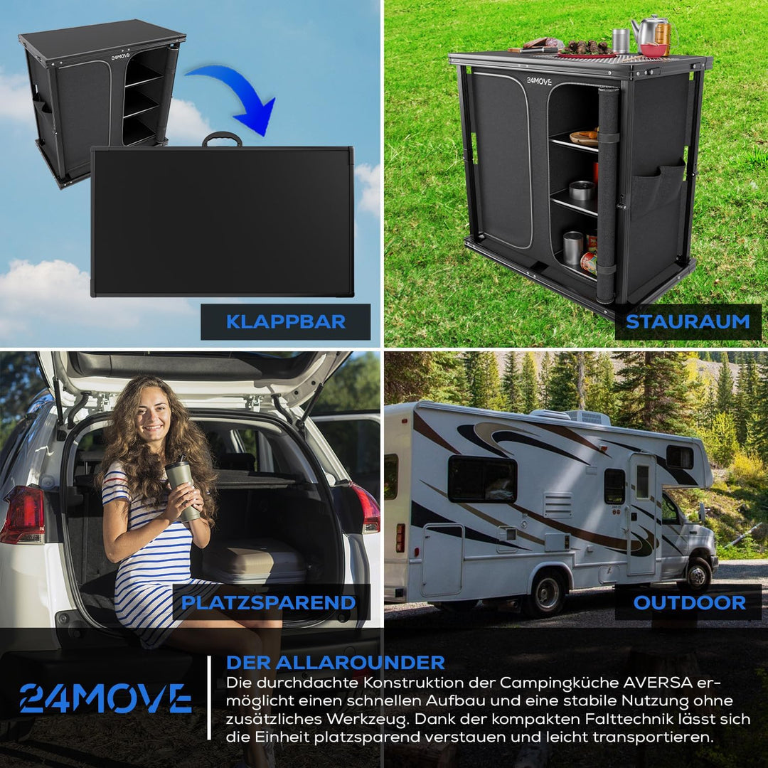 24MOVE® Campingküche faltbar, höhenverstellbarer Campingschrank Alu Reiseküche mit Arbeitsplatte und