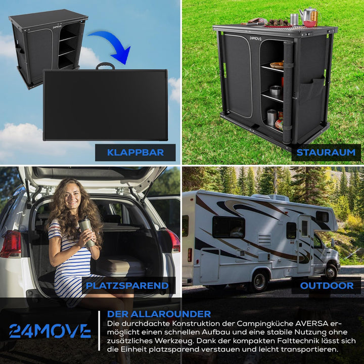 24MOVE® Campingküche faltbar, höhenverstellbarer Campingschrank Alu Reiseküche mit Arbeitsplatte und