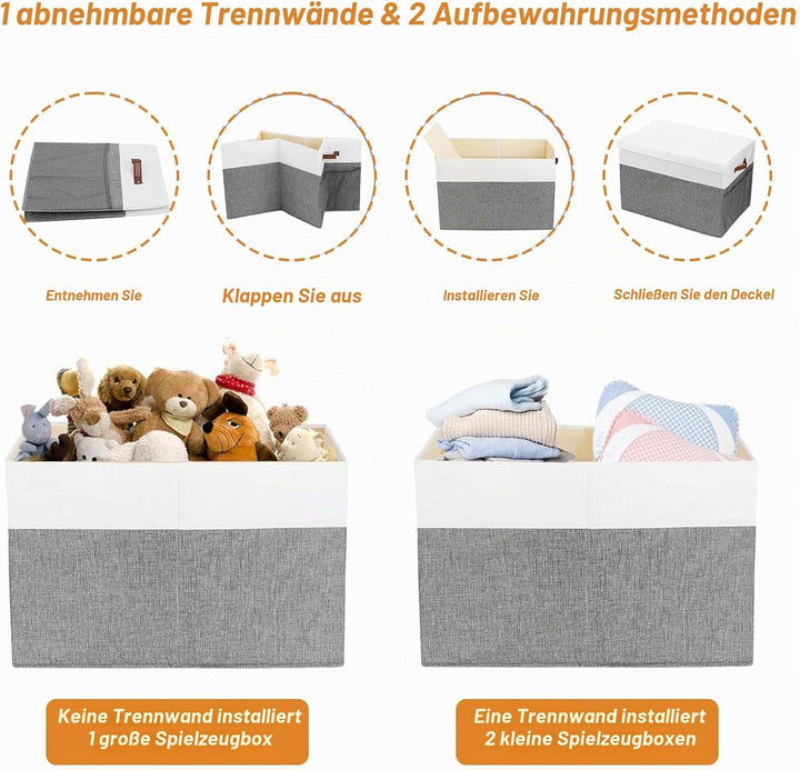 Spielzeugkiste mit Deckel, EXTRA GROssE Faltbare Aufbewahrungsbox Kinder 62x32x40 cm mit Tragengriff