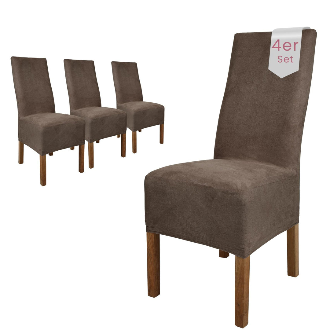 SCHEFFLER-Home Stuhlhussen 4er Set Leon Taupe-Braun/elastische Wildleder Hussen für Stühle/Robustes