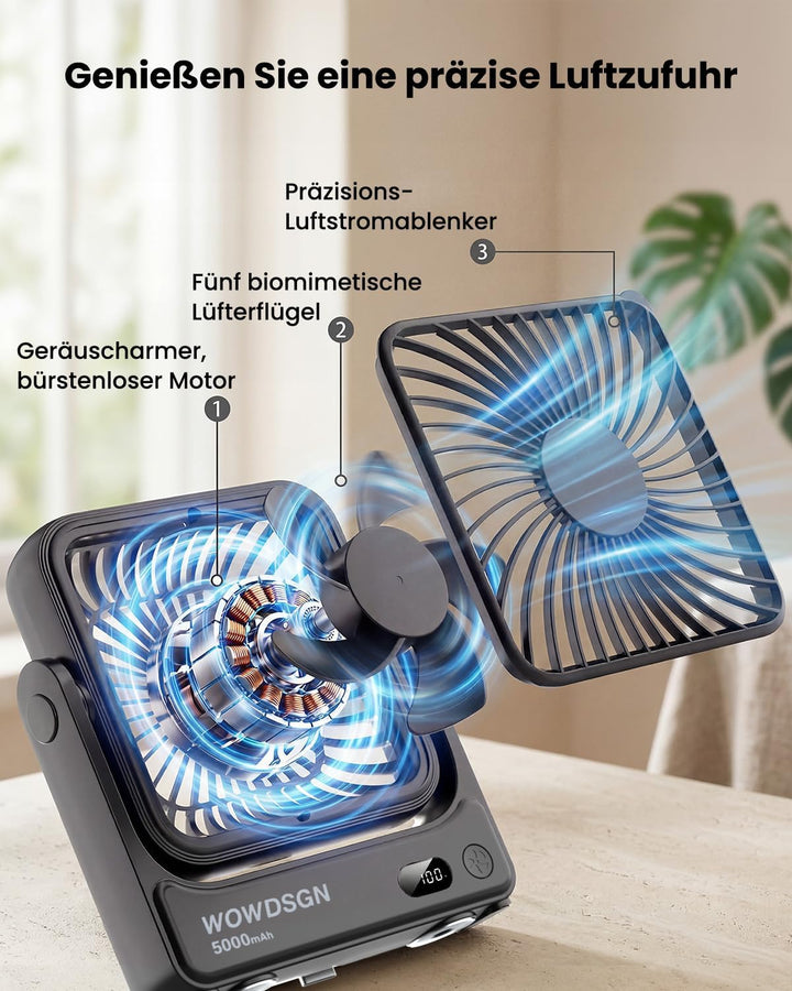 WOWDSGN Tischventilator USB 𝐦𝐢𝐭 𝐒𝐭𝐚𝐫𝐤𝐞𝐦 𝐌𝐚𝐠𝐧𝐞𝐭𝐟𝐮ss &amp; LED-Display, 𝟓𝟎𝟎𝟎𝐦𝐀𝐡 𝐀𝐤𝐤𝐮 Ventilator tragbar, 𝟒