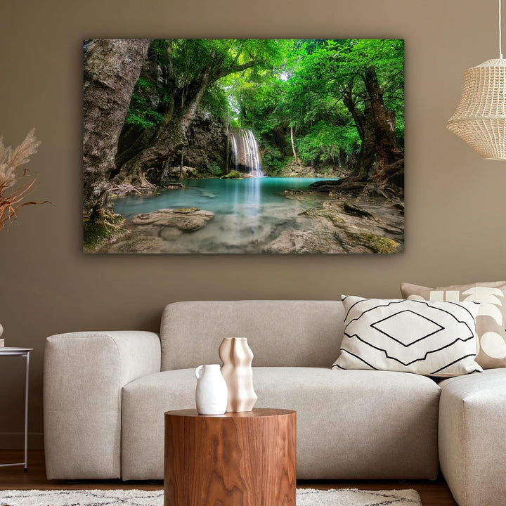 MuchoWow Leinwand Bilder, Einzigartige Wanddeko mit Rahmen, Dschungel - Wasserfall - Pflanzen - Wass