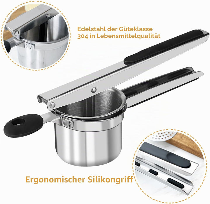 Kartoffelpresse, Kartoffelpresse Edelstahl Kommt mit 3 Scheiben und Rutschfesten Silikongriffen, Gee