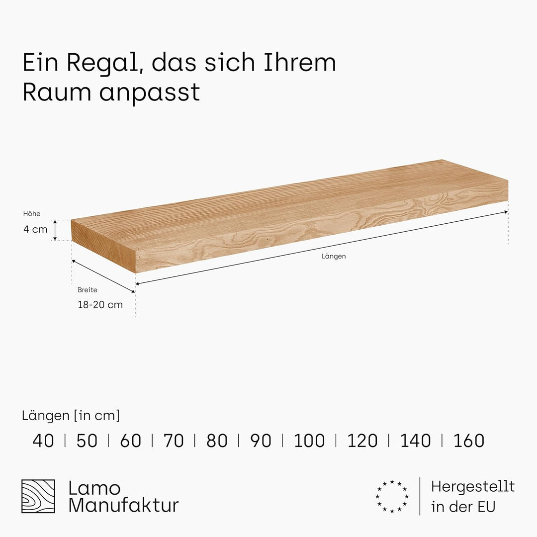 LAMO Manufaktur Regal Holz massiv ohne Befestigung | Wand Regal 90 cm breit für Wohnzimmer, Küche, A