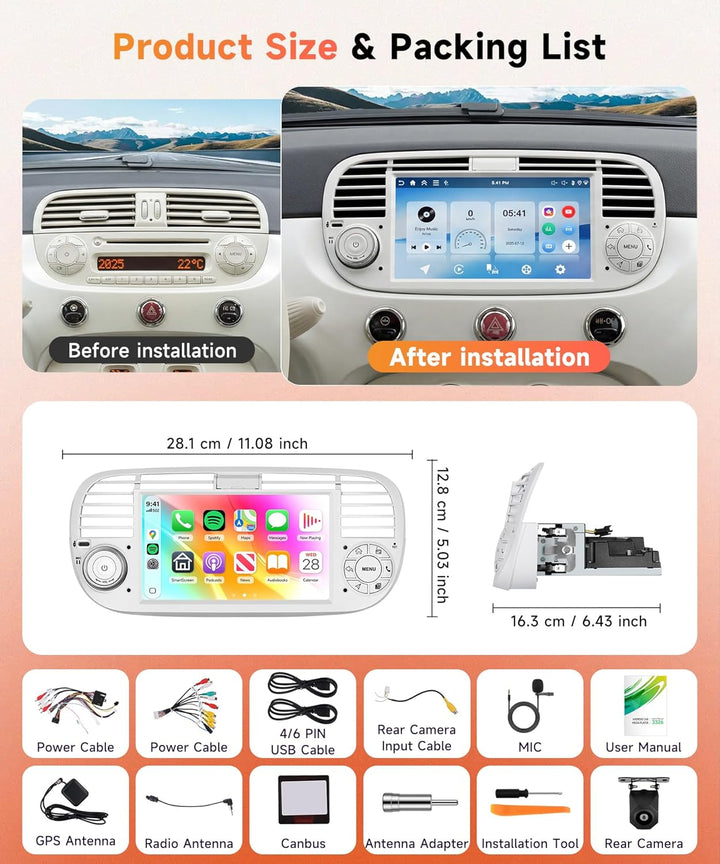 Rimoody 4G+128G Android Autoradio für FIAT 500 2007-2015 Wireless Carplay Android Auto 7 Zoll Touchs