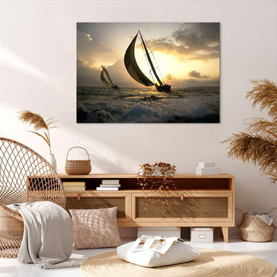 Bilder auf Leinwand 100x70cm Leinwandbild Schiff Sonnenuntergang Sonne Landschaft Gross Wanddeko Bil