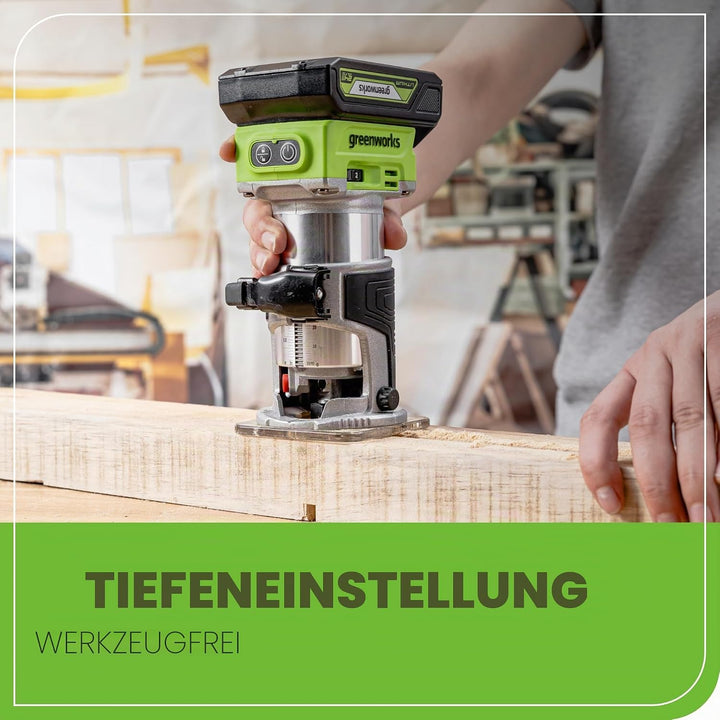 Greenworks Kompakter kabelloser Holzfräser, 24 V, 5 variable Geschwindigkeiten, 30.000 U/min, leicht
