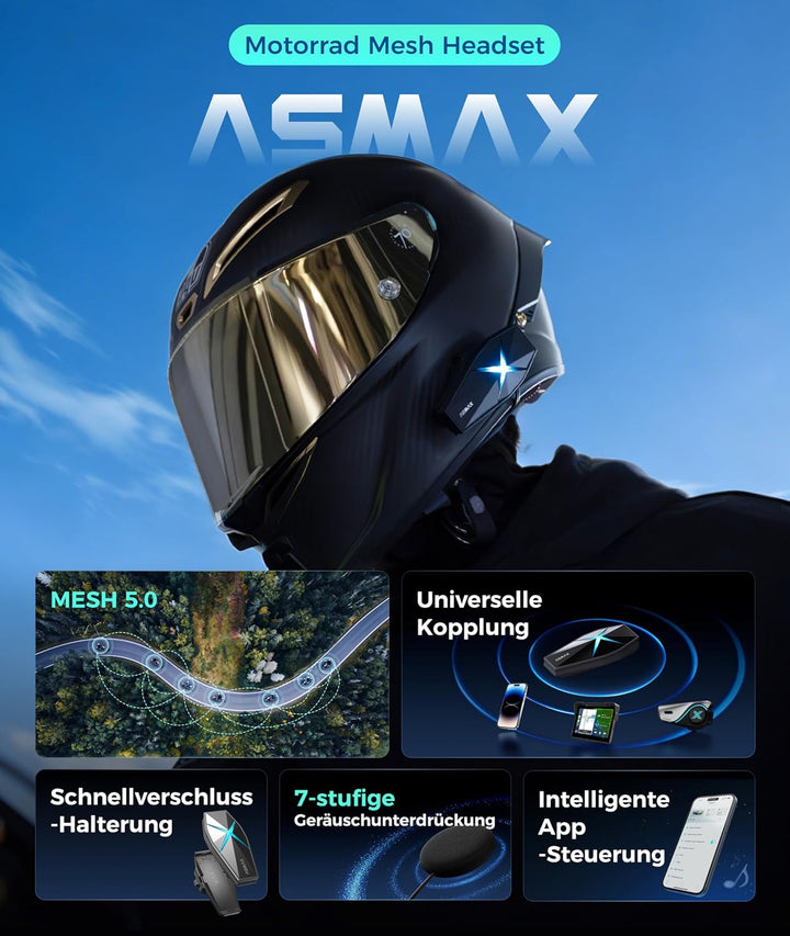 ASMAX F1s Motorrad Headset mit Sprachsteuerung, Mesh Intercom für 10 Fahrer, 8 km Reichweite, Blueto