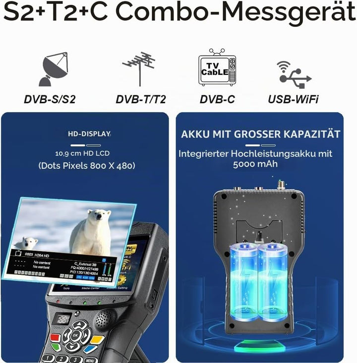 VF9930 Max Sat Finder HVEC 10bit, Satelliten Finder mit Bildschirm 4,3" LCD und TV DVB-S2/S/T2/T/C E