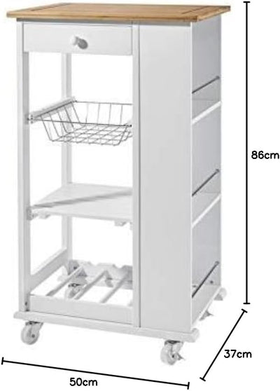 Phoenix Nizza Servierwagen, Trolley, Küchenwagen, MDF lackiert, Weiss, 50x86x37
