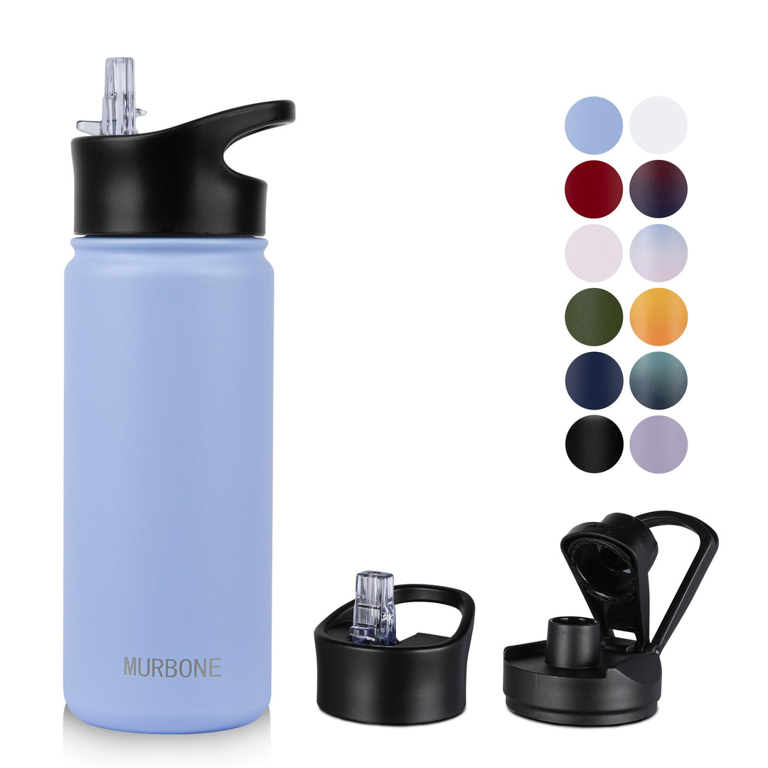 Edelstahl Trinkflasche 500ml (+2 Deckel)-mit Strohhalm,BPA frei,Thermosflasche Auslaufsicher,Kohlens