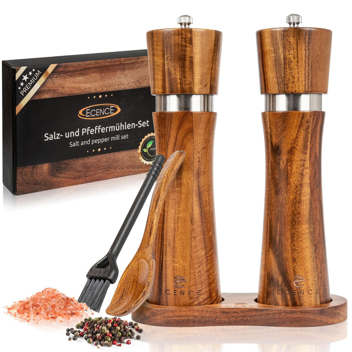 ECENCE Salz und Pfeffermühle Holz 2er Set Pfeffer und Salzmühle aus Akazienholz, Gewürzmühle mit Ker