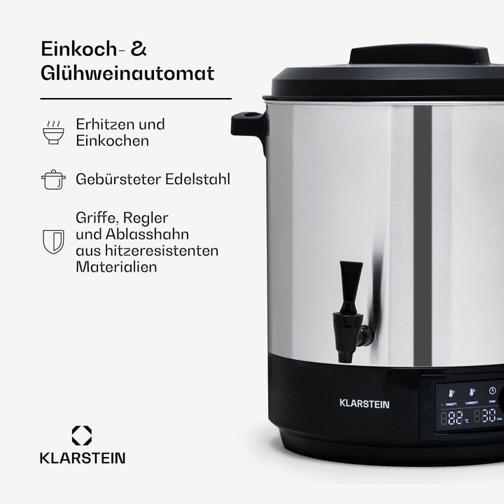 Klarstein Einkochautomat mit Hahn, 25L Glühweinkocher, Edelstahl-Glühweinkocher mit Zapfhahn, Grosse
