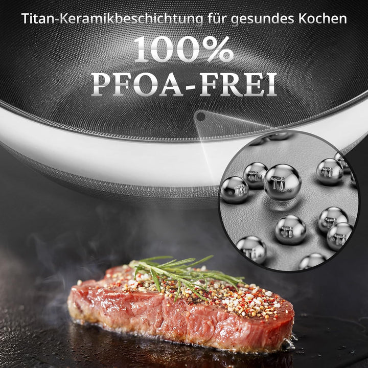KOKHUB 30 cm Antihaft-Wok mit Deckel, Titan-Keramik-Edelstahl-Wokpfanne, grosse Kapazität für 3-5 Pe