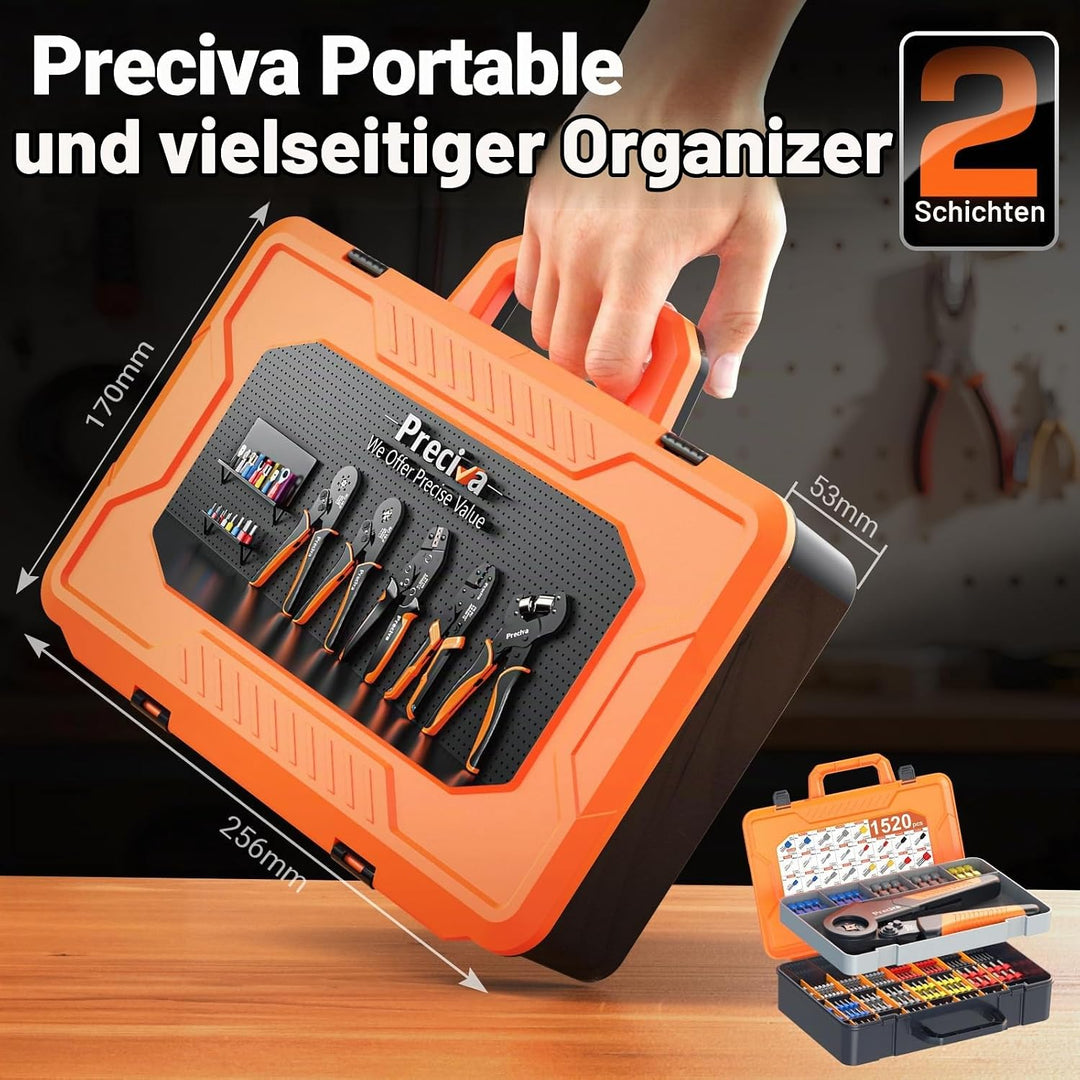 Preciva Crimpzange Set, 0,08–16 mm² Aderendhülsenzange mit 1520 Aderendhülsen. Mit zwei Metalllängen