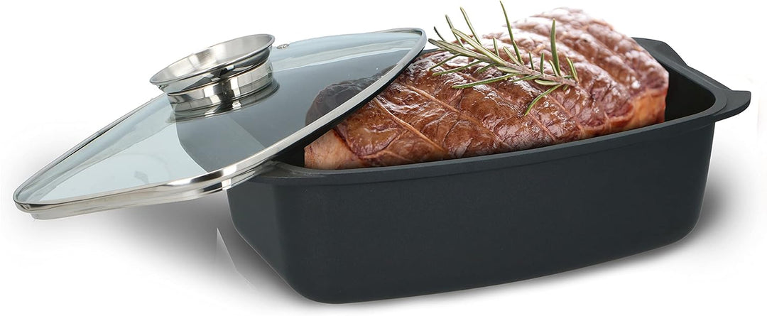 alpina Bräter - mit Glasdeckel - für Ofengerichte, Dämpfen und Braten - 5.5 L - Schwarz