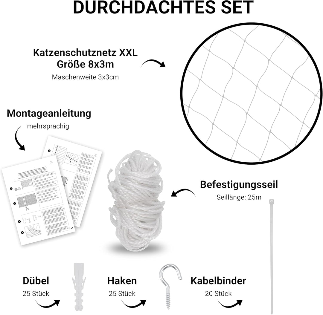 FinoPet Katzennetz für Balkon 8x3 Meter transparent mit Katzenbürste inklusive Befestigungsmaterial,