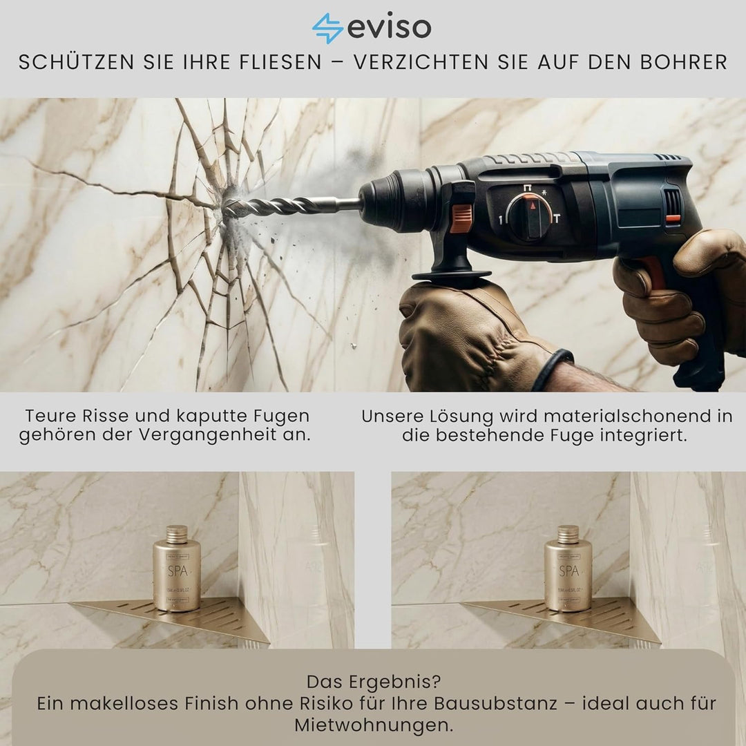 Eviso Slim-Fit Duschablage für die Fuge | Eckregal aus Edelstahl AISI 304 rostfrei | Montage ohne Bo
