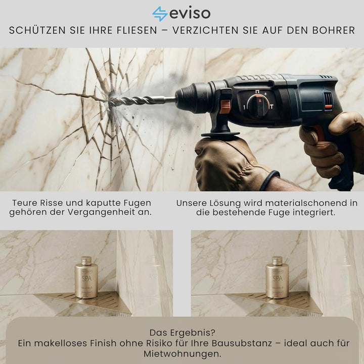 Eviso Slim-Fit Duschablage für die Fuge | Eckregal aus Edelstahl AISI 304 rostfrei | Montage ohne Bo