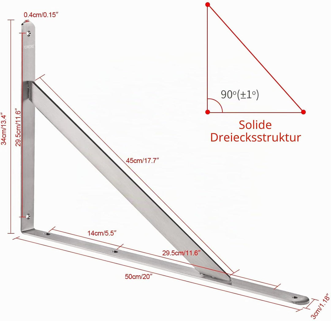 YUMORE Regalhalterung, 51 cm, maximale Traglast 250 kg, robuste Edelstahl-Regalstütze, Eckgelenk, re