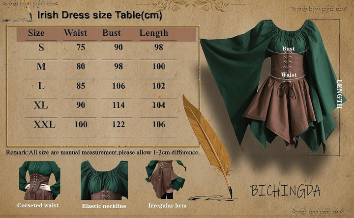 Traditionelles irisches Kleid für Damen, Renaissance, Mittelalter, Kostüm, ausgestellte Ärmel, Korse