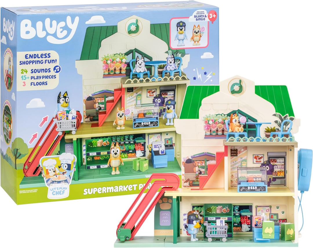 Blueys Supermarkt-Spielset, 3 Verschiedene Etagen mit exklusiven Bluey- & Bingo-Figuren. Mit funktio