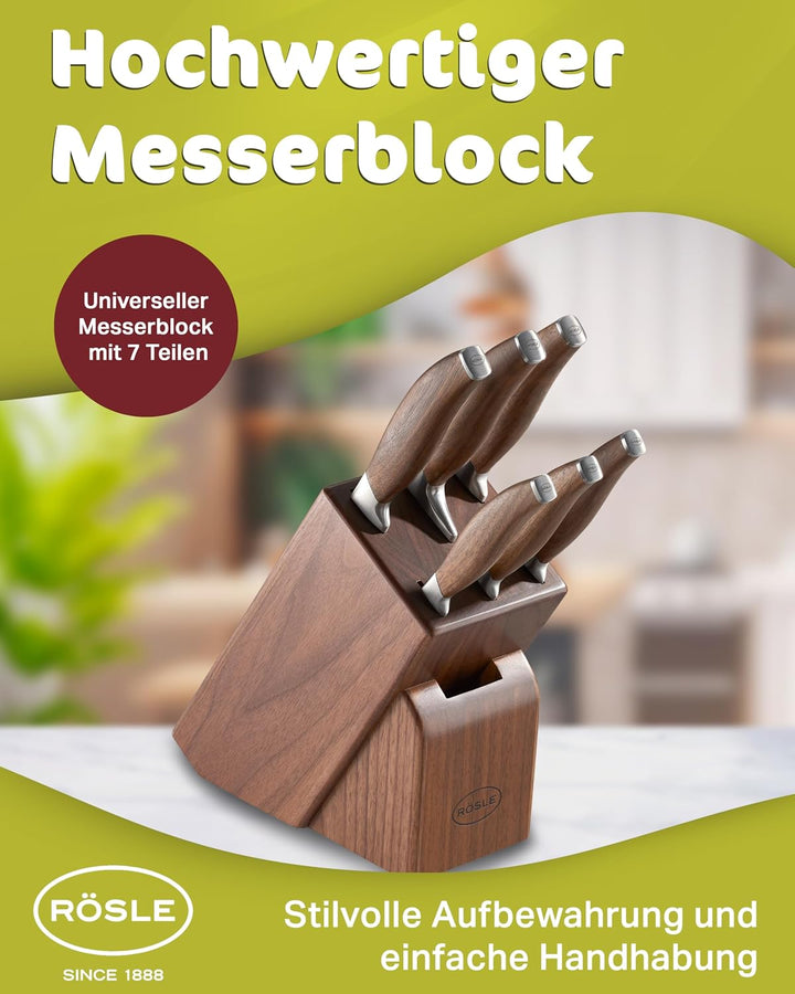RÖSLE Messerblock Passion 7-tlg., Hochwertiger Messerblock aus Walnussholz mit 6 scharf geschliffene