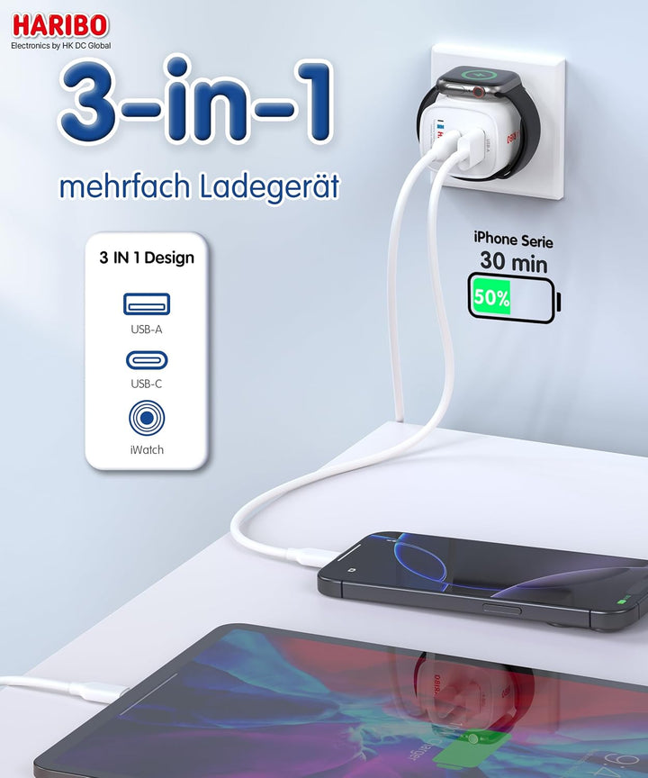 HARIBO Ladegerät für Apple Watch, 3-in-1 20W USB C iPhone Ladegerät PD 3,0 Schnellladegerät für Appl