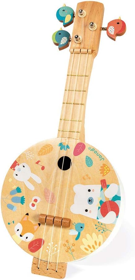 Janod - Pure Banjo - Holz Musikinstrument für Kinder mit Hübschen Illustrationen - Stimmschlüssel in