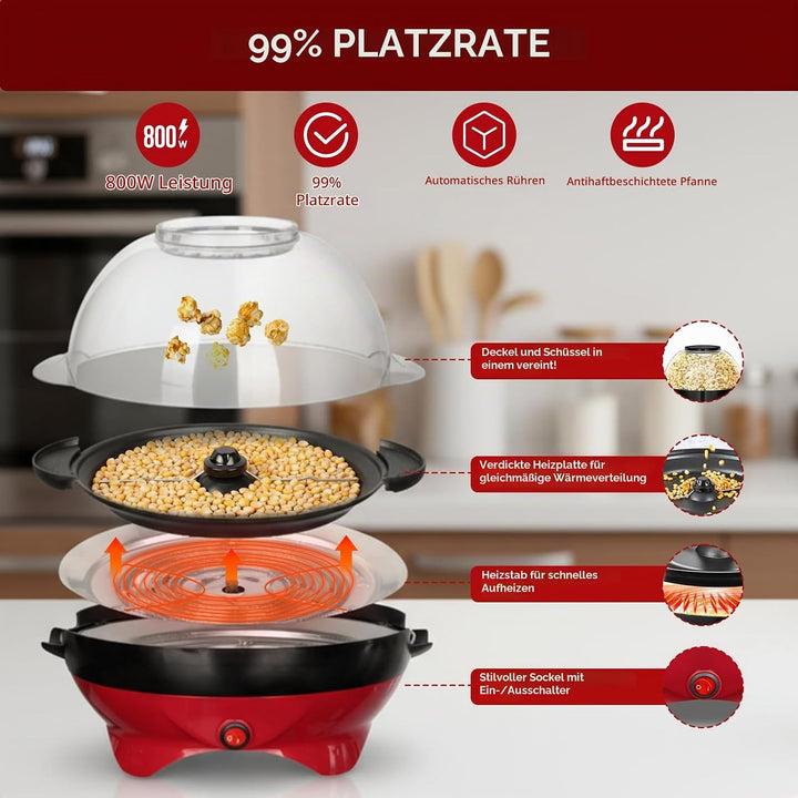Cozary Popcornmaschine,5L Popcorn-Maker Gross für Zuhause für Zucker, Öl, Butter, mit Abnehmbarer He