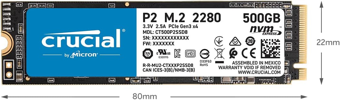 Crucial P2 2TB M.2 PCIe Gen3 NVMe Internes SSD - Bis zu 2400MB/s - CT2000P2SSD8, 2TB