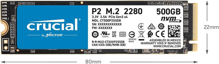 Crucial P2 2TB M.2 PCIe Gen3 NVMe Internes SSD - Bis zu 2400MB/s - CT2000P2SSD8, 2TB
