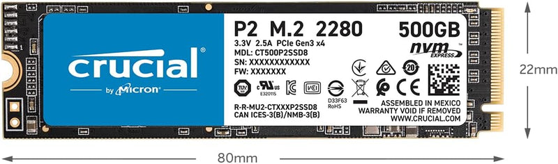 Crucial P2 2TB M.2 PCIe Gen3 NVMe Internes SSD - Bis zu 2400MB/s - CT2000P2SSD8, 2TB