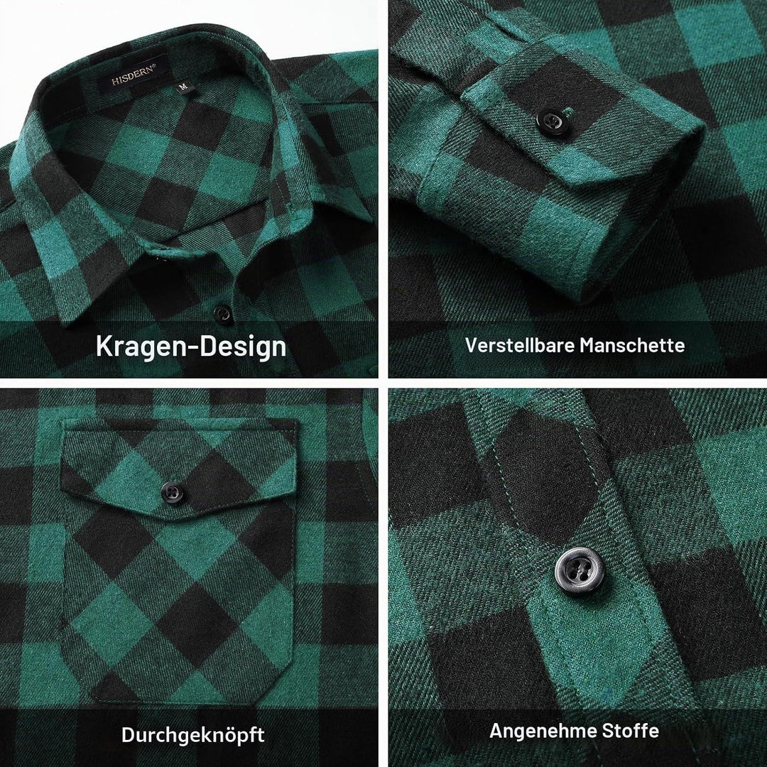 HISDERN Flanellhemd Herren Karierte Hemden Herren Langarm Button Down Baumwolle Holzfällerhemd Regul