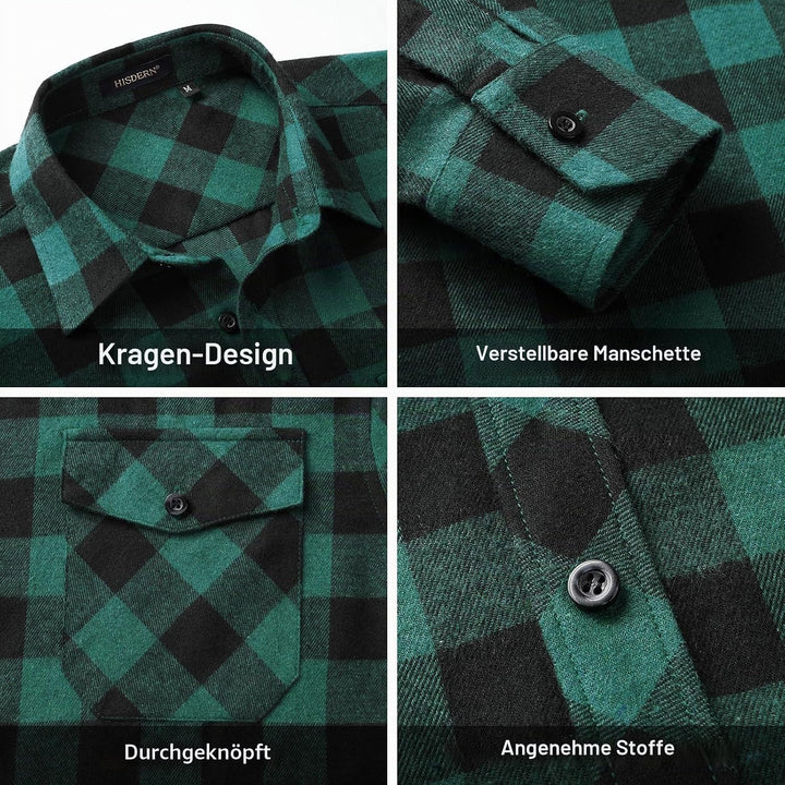 HISDERN Flanellhemd Herren Karierte Hemden Herren Langarm Button Down Baumwolle Holzfällerhemd Regul