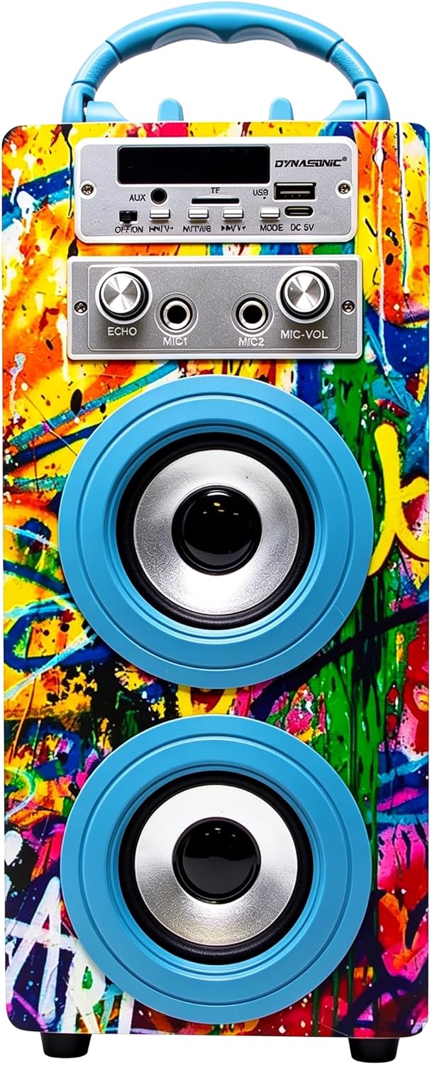 DYNASONIC Karaoke mit 2 Mikrofonen, tragbarer Karaoke-Maschine, Bluetooth-Lautsprecher, USB- und SD-