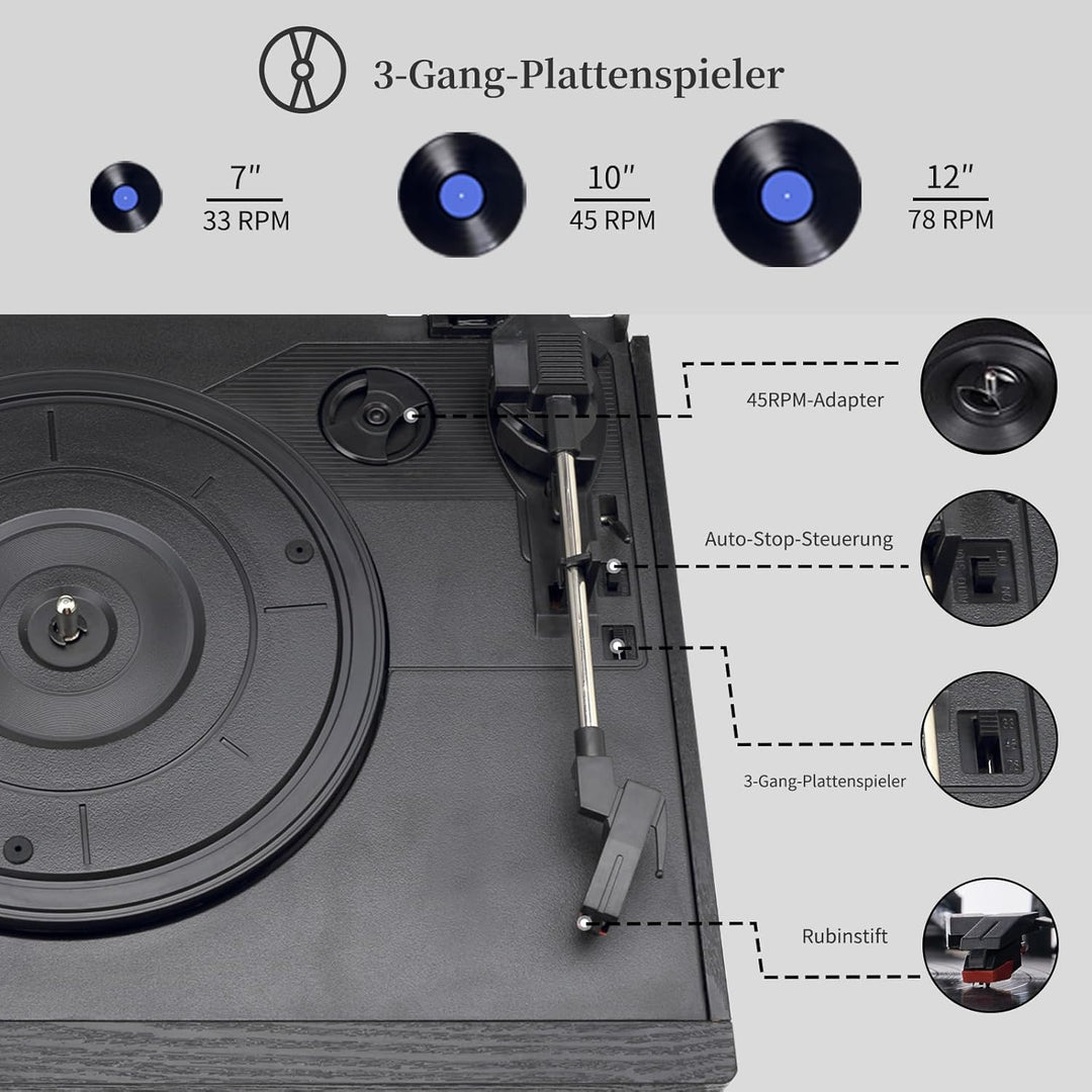 JORLAI Plattenspieler 3 Geschwindigkeiten Record Player mit Fernbedienung, Vinyl Bluetooth Phonograp