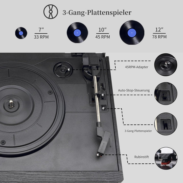 JORLAI Plattenspieler 3 Geschwindigkeiten Record Player mit Fernbedienung, Vinyl Bluetooth Phonograp