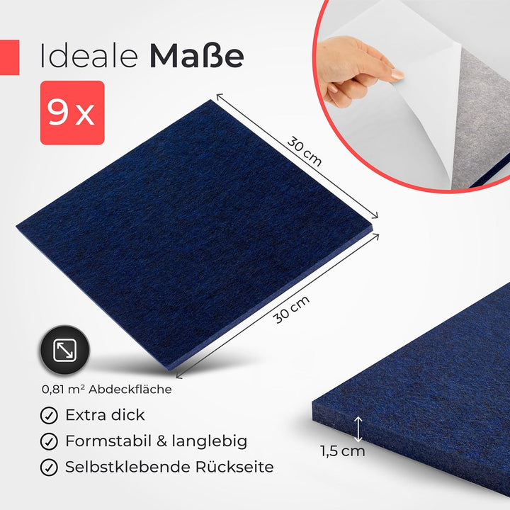 Akustikpaneele selbstklebend – 9er-Set | 30x30cm | Akustikfilz Royalblau, extra dick 15mm – 3D Wandp