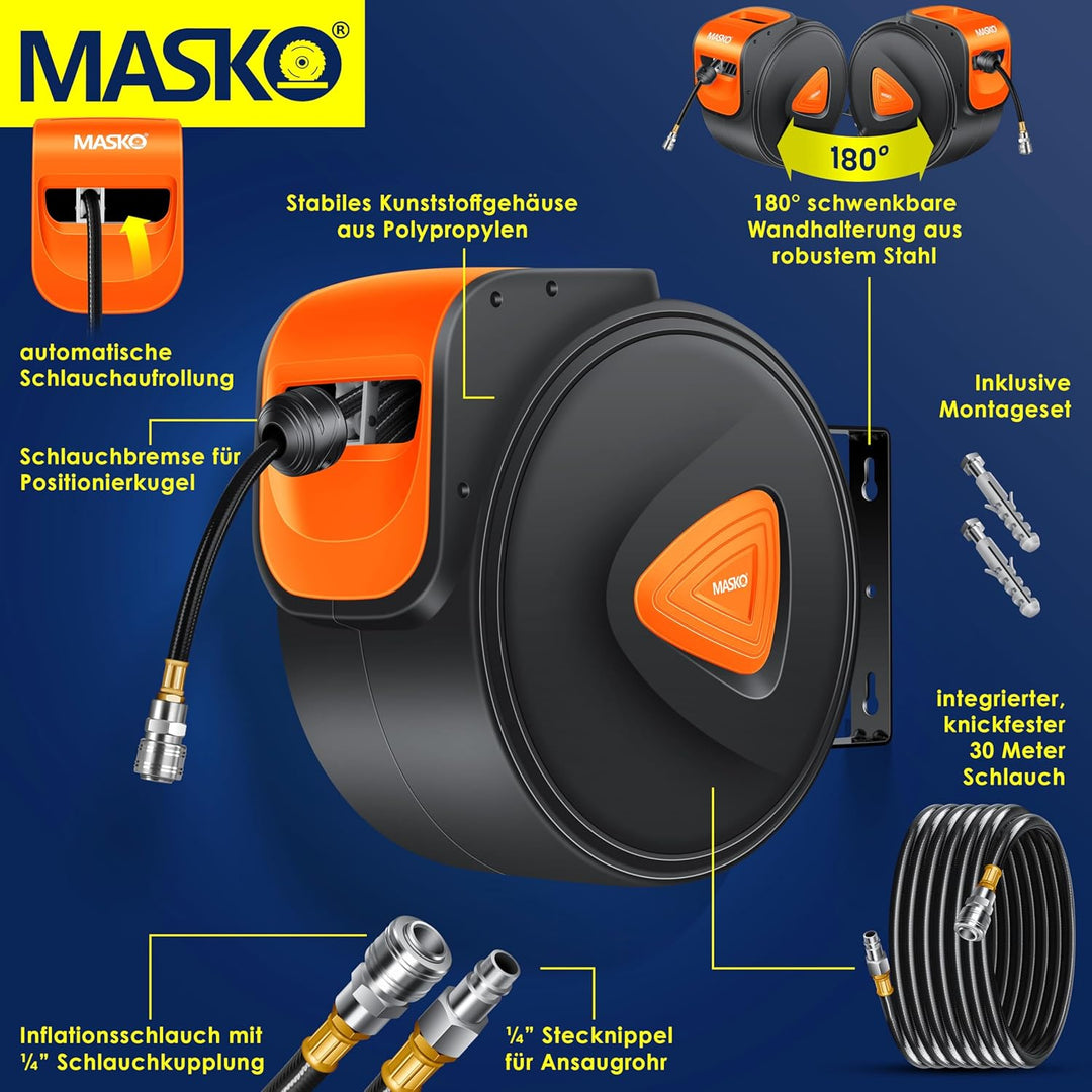 MASKO® Automatik Druckluftschlauch Aufroller 30m – Schlauchtrommel mit 1/4" Anschluss, Schlauchaufro