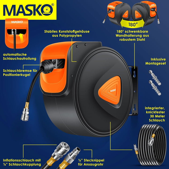 MASKO® Automatik Druckluftschlauch Aufroller 30m – Schlauchtrommel mit 1/4" Anschluss, Schlauchaufro