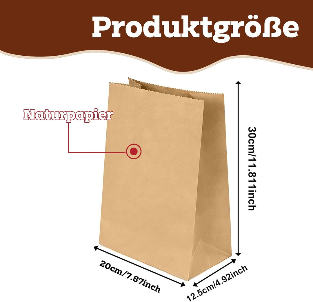 100 Stück Papiertüten Gross 20x12,5x30,5cm Papiertüten Braun Kraftpapier Brotbeutel für Geburtstagsp