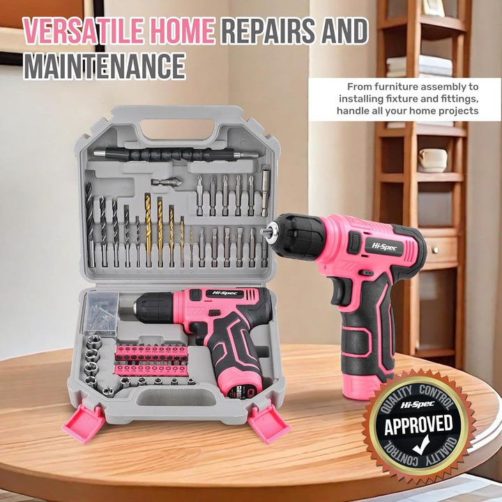 Hi-Spec Pinker Akkubohrer und Bit Set für Frauen. 8V Akkuschrauber, Stecknüsse und Schrauberbits in