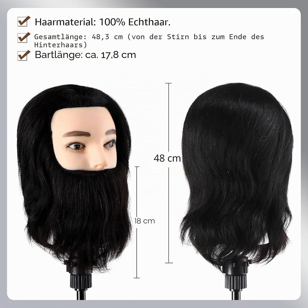 Mann Frisierkopf 100% Echthaar mit Bart Männlich Übungskopf Echthaar Friseur Kopf Puppenkopf Mannequ