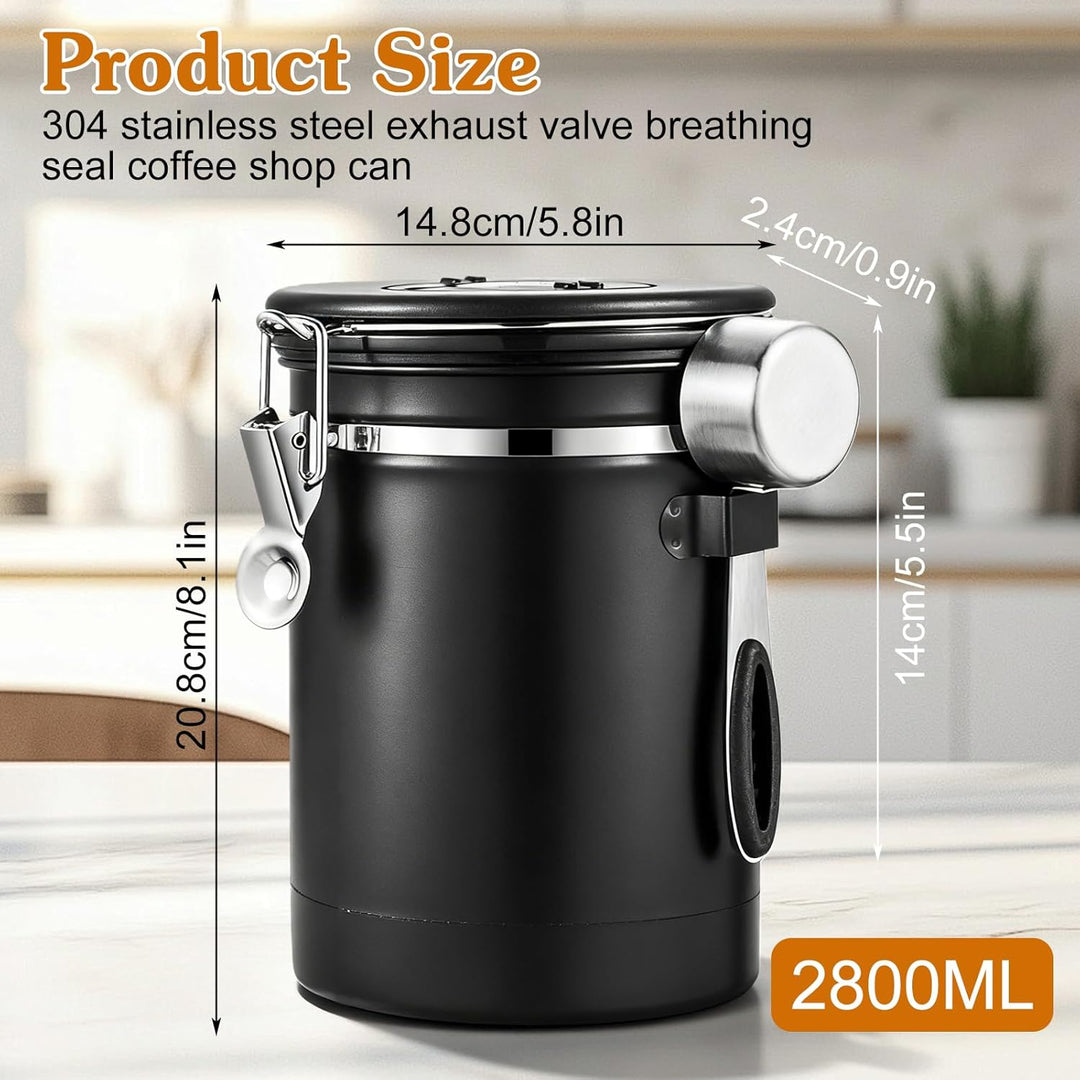 PORFOYO Kaffeedose Luftdicht, 2,8 L Vakuum Kaffeedose, Edelstahl mit CO2-Ventil, Messlöffel & Datums