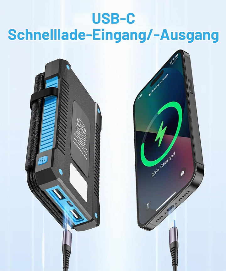 Solar Powerbank 26800 mAh, Powerbank USB-C 18W Schnellladung für iPhone Samsung und mehr, IPX7 wasse